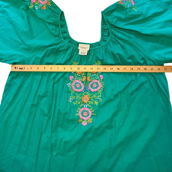 The Vermont Country Store Dress L Green Embroidered Floral Cotton Gauze Peasant - Picture 5 of 8